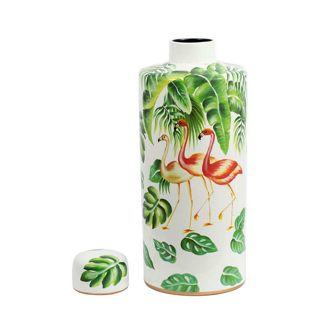 Jesu Decorative Botanical Flamingo Jar | White Green Porcelain | 18"