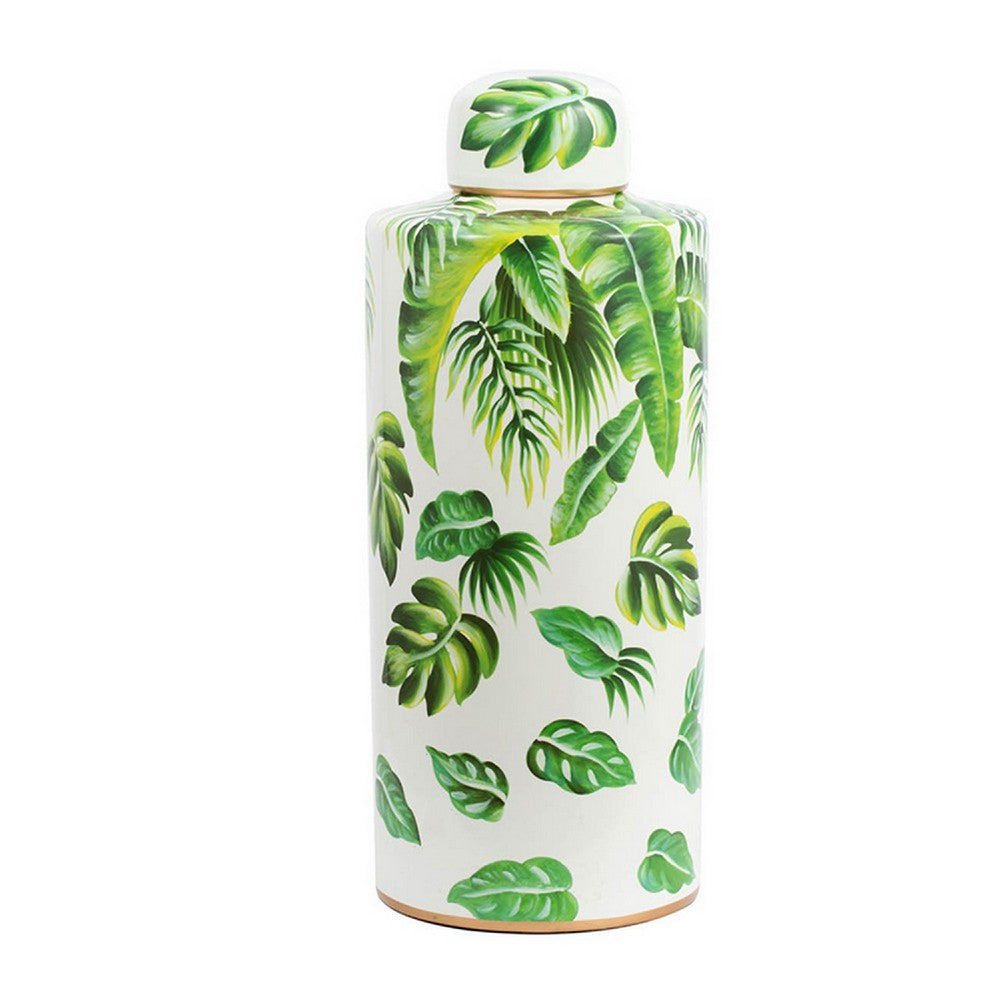 Jesu Decorative Botanical Flamingo Jar | White Green Porcelain | 18"