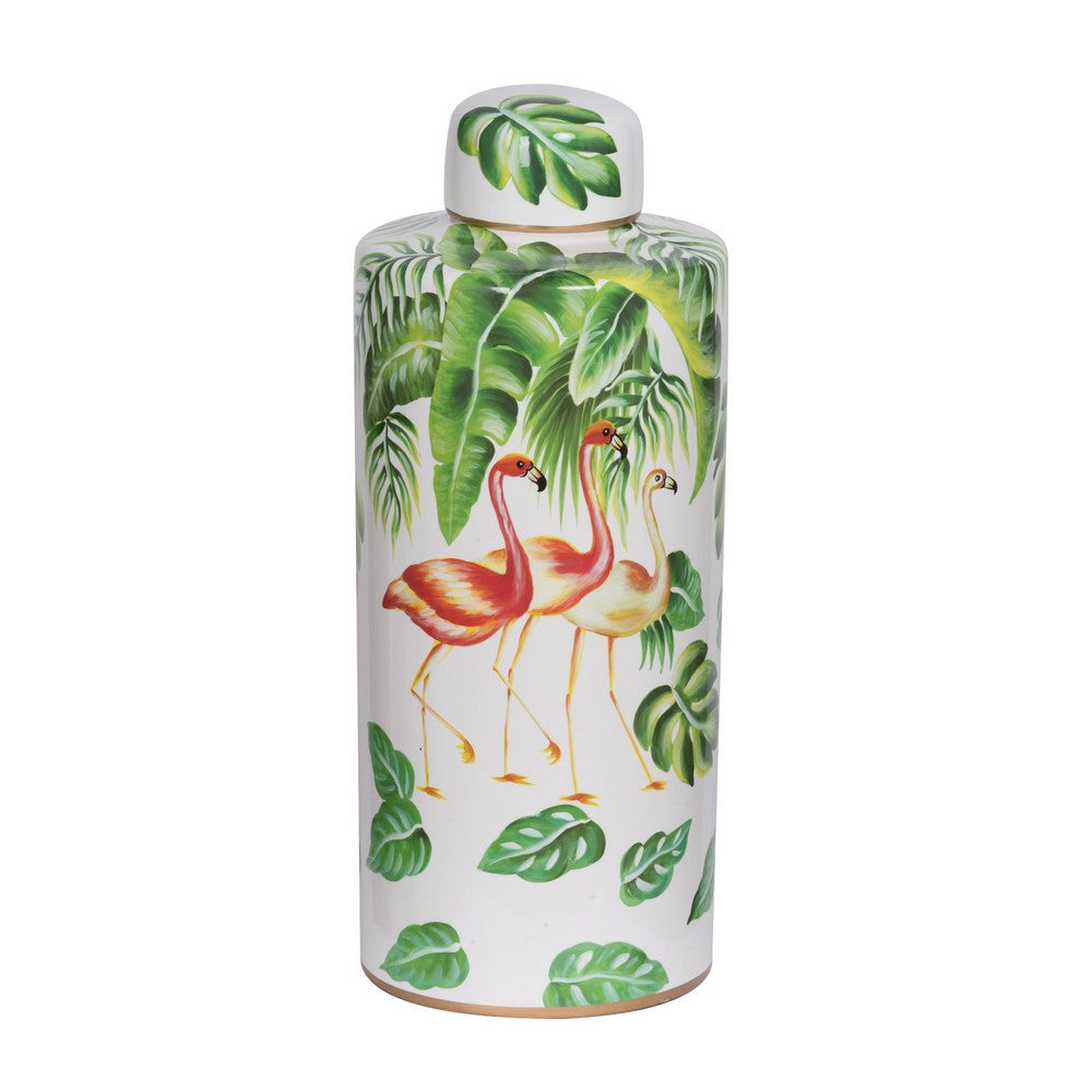 Jesu Decorative Botanical Flamingo Jar | White Green Porcelain | 18"