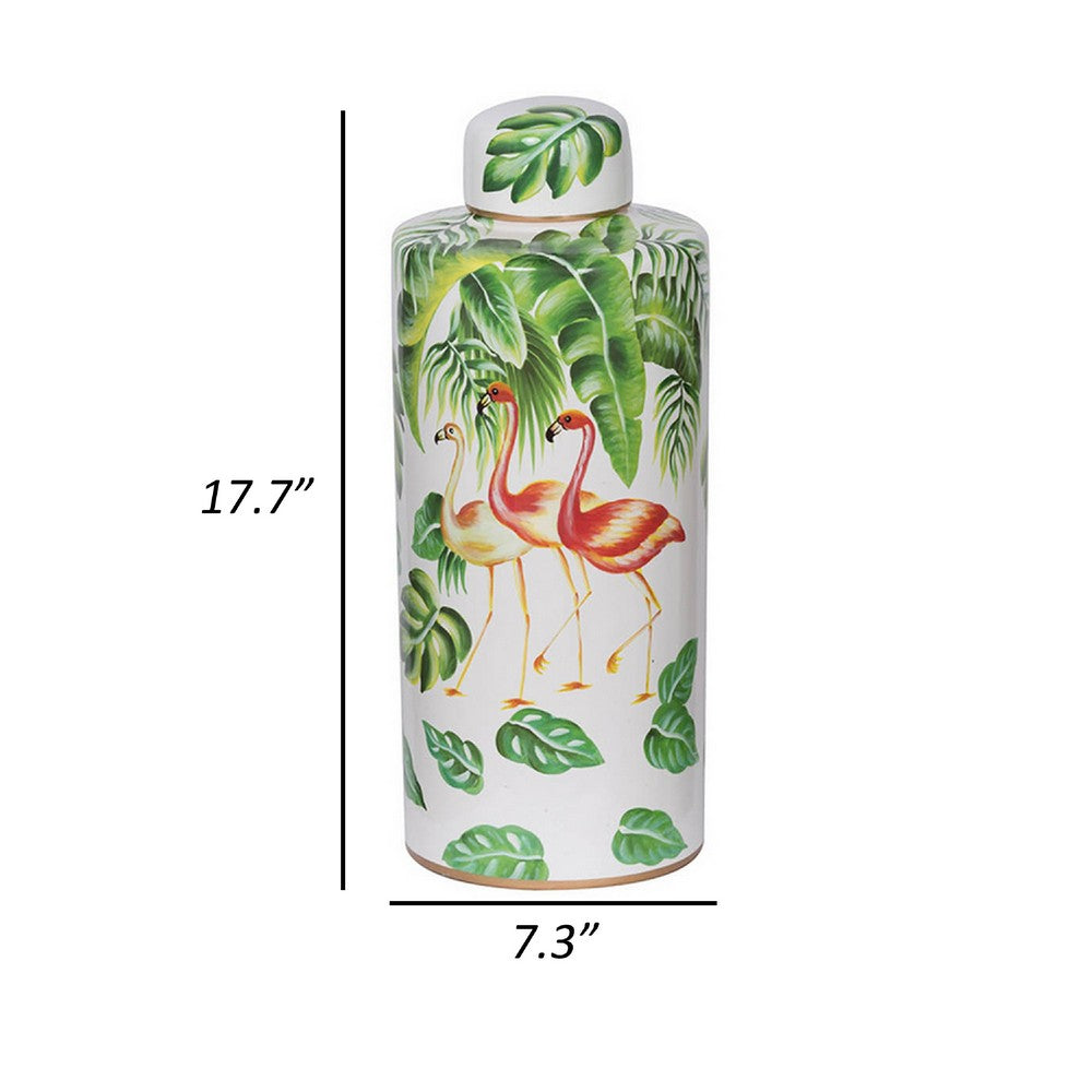 Jesu Decorative Botanical Flamingo Jar | White Green Porcelain | 18"