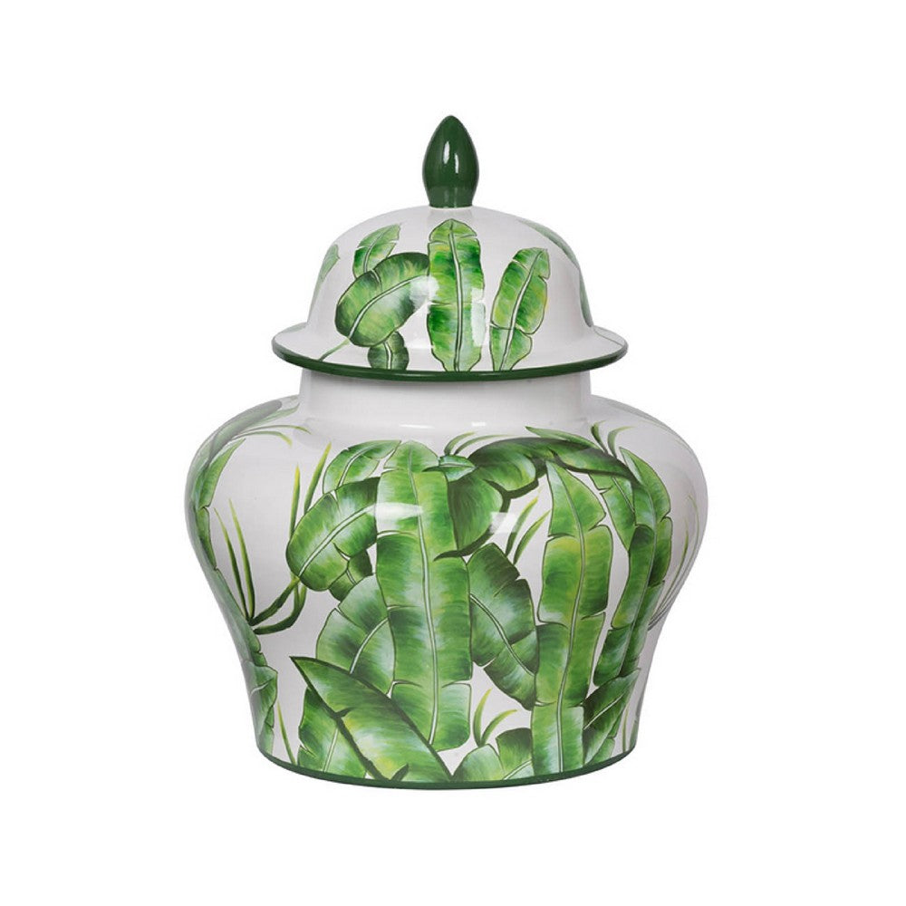 Jesu Ginger Jar with Lid | White Green Palm Leaf Accent | 17" Porcelain