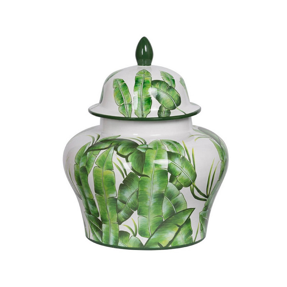 Jesu Ginger Jar with Lid | White Green Palm Leaf Accent | 17" Porcelain