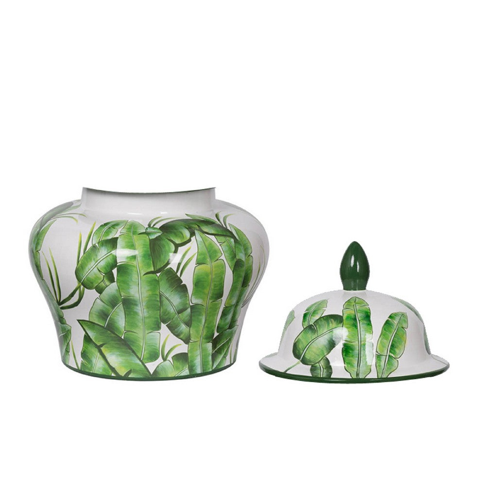 Jesu Ginger Jar with Lid | White Green Palm Leaf Accent | 17" Porcelain