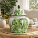 Jesu Ginger Jar with Lid | White Green Palm Leaf Accent | 17" Porcelain