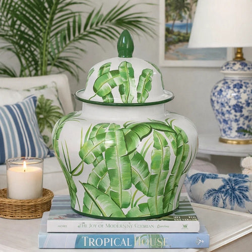 Jesu Ginger Jar with Lid | White Green Palm Leaf Accent | 17" Porcelain