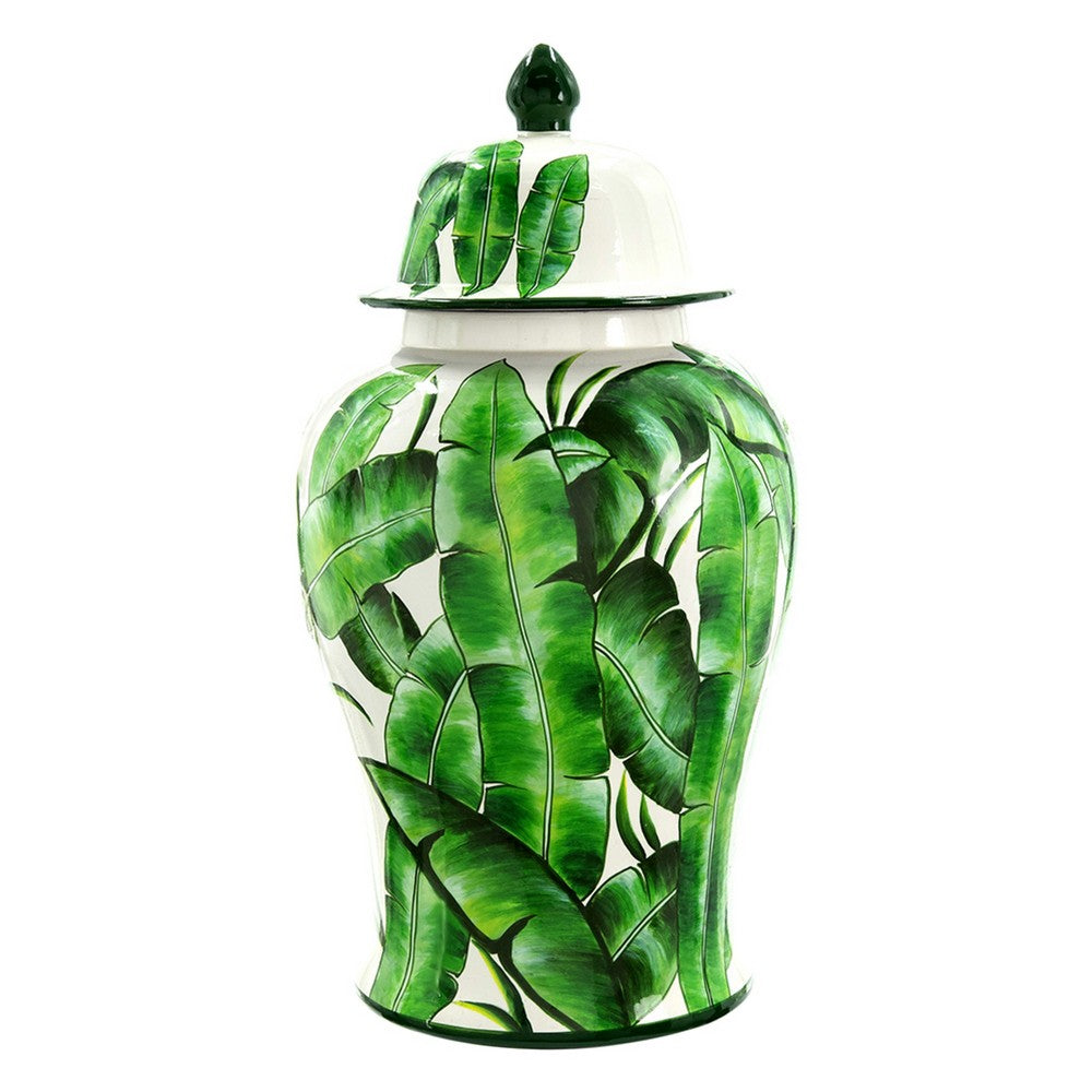 Jesu Temple Jar with Lid | White Green Palm Leaf Accent | 18" Porcelain