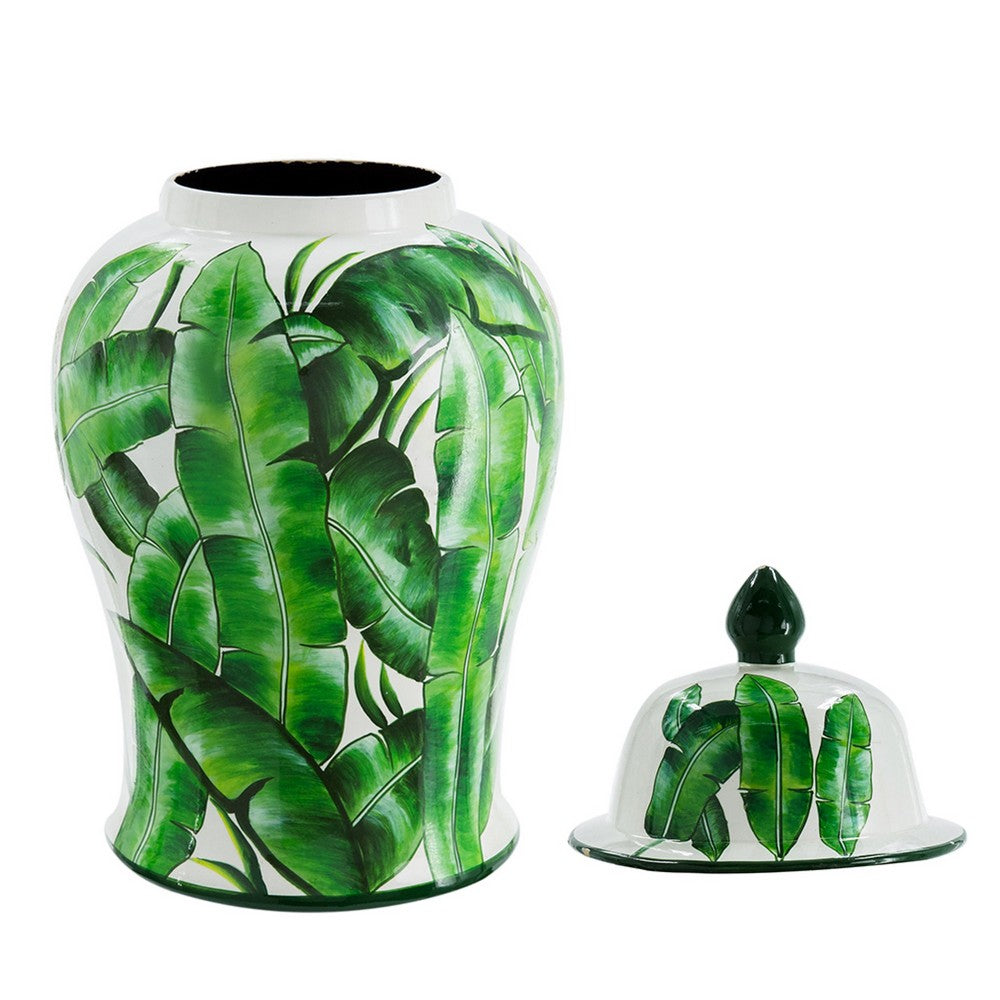 Jesu Temple Jar with Lid | White Green Palm Leaf Accent | 18" Porcelain
