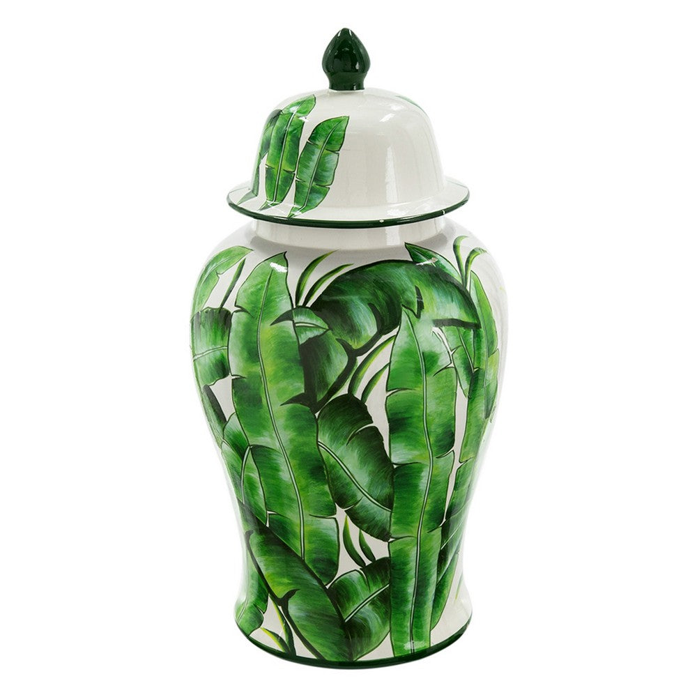 Jesu Temple Jar with Lid | White Green Palm Leaf Accent | 18" Porcelain