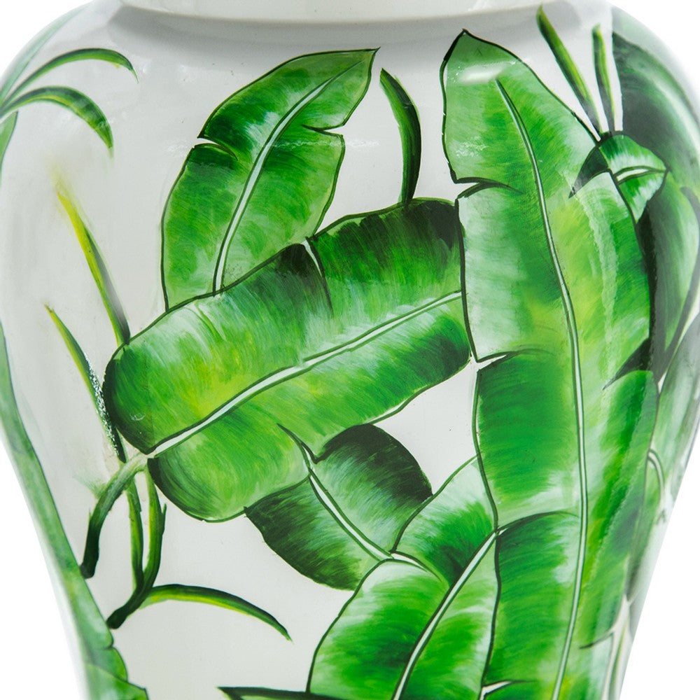 Jesu Temple Jar with Lid | White Green Palm Leaf Accent | 18" Porcelain