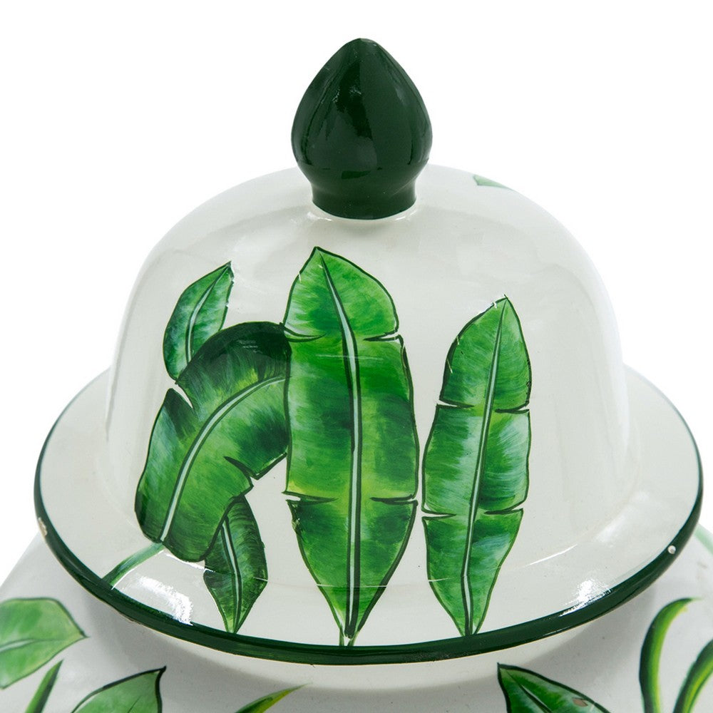 Jesu Temple Jar with Lid | White Green Palm Leaf Accent | 18" Porcelain
