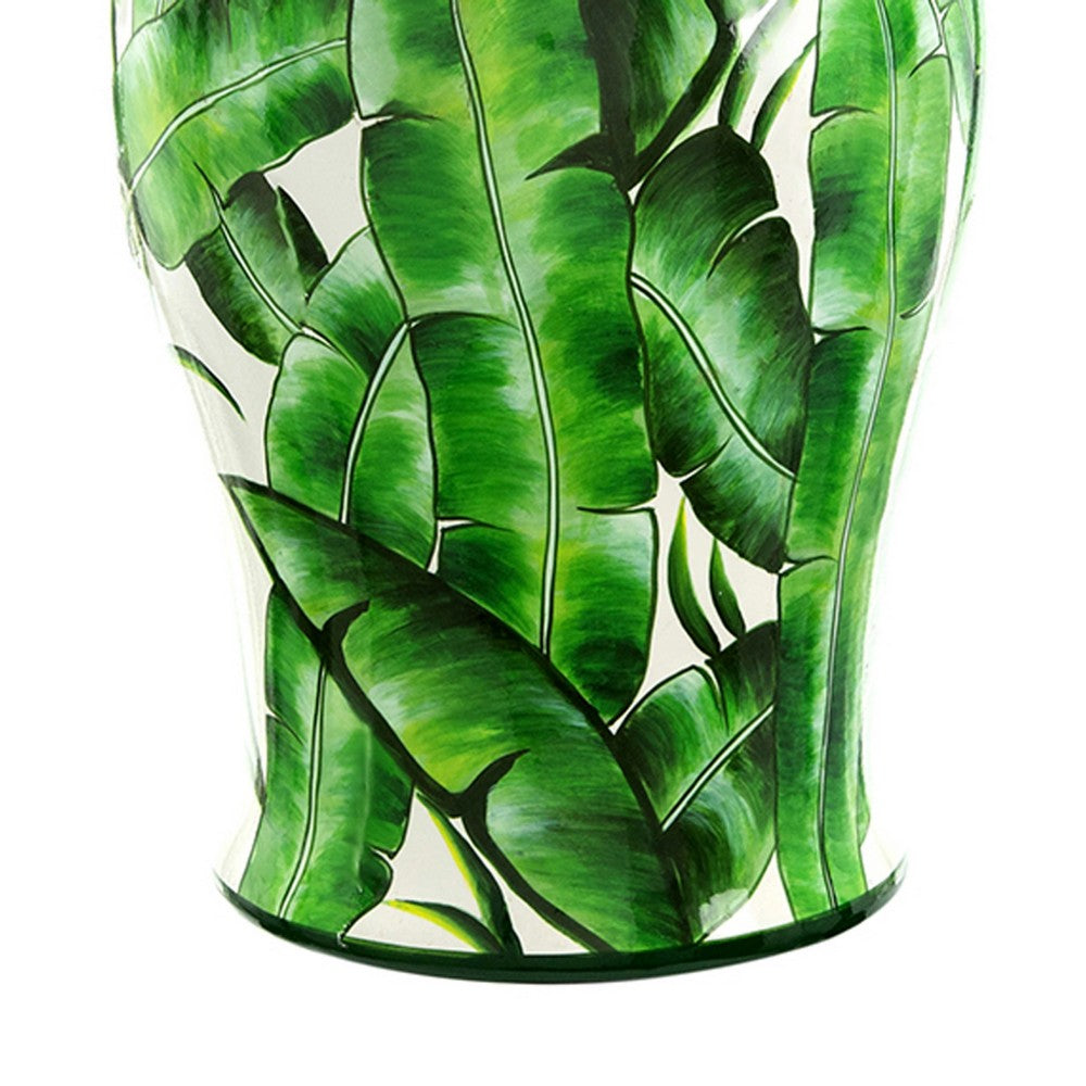 Jesu Temple Jar with Lid | White Green Palm Leaf Accent | 18" Porcelain