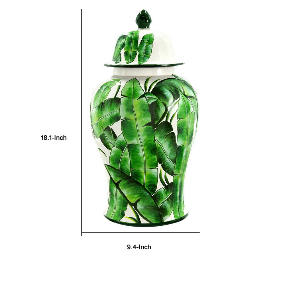 Jesu Temple Jar with Lid | White Green Palm Leaf Accent | 18" Porcelain