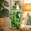 Jesu Temple Jar with Lid | White Green Palm Leaf Accent | 18" Porcelain