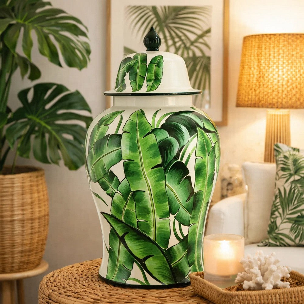 Jesu Temple Jar with Lid | White Green Palm Leaf Accent | 18" Porcelain