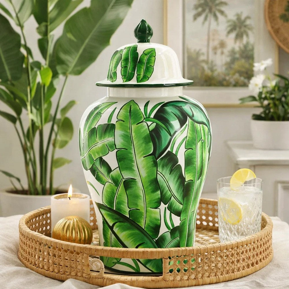 Jesu Temple Jar with Lid | White Green Palm Leaf Accent | 18" Porcelain