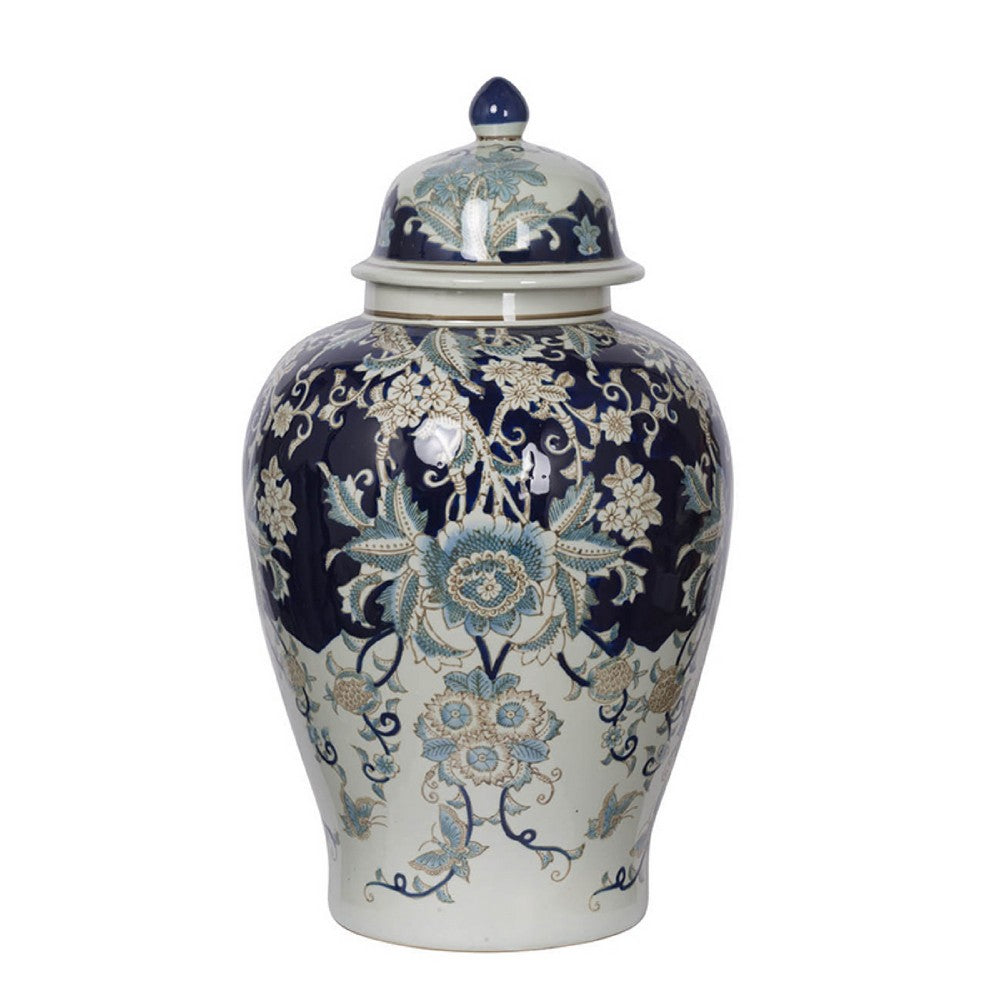 Rayn Ginger Jar with Lid | Blue White Chinoiserie Art | 23" Porcelain