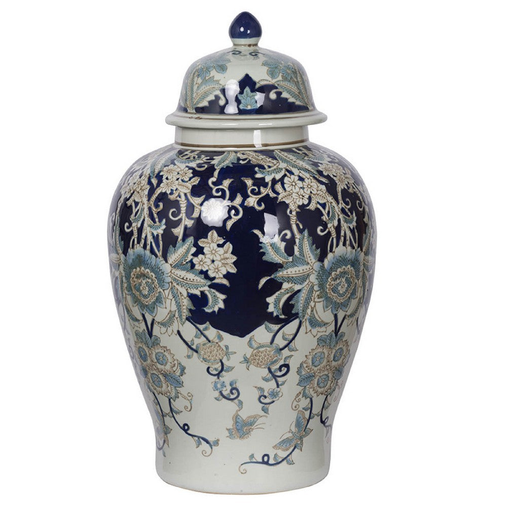 Rayn Ginger Jar with Lid | Blue White Chinoiserie Art | 23" Porcelain