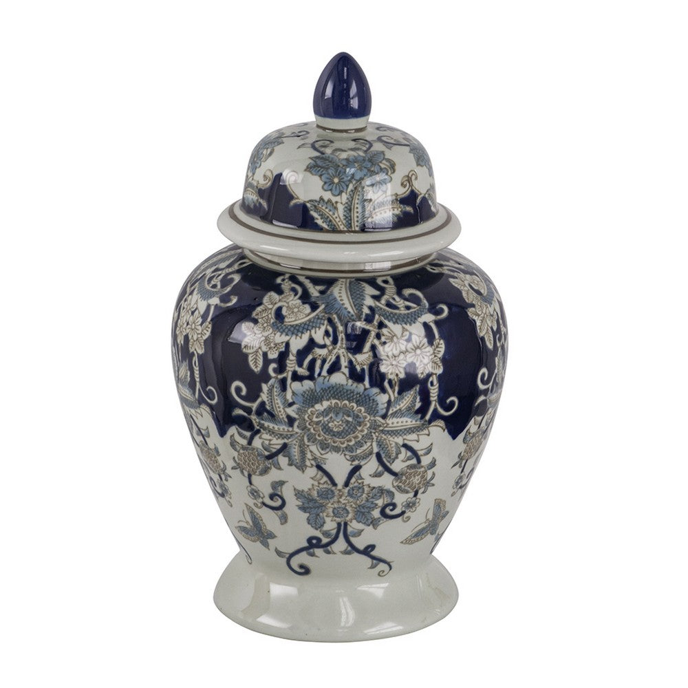 Rayn Ginger Jar with Lid | Blue White Chinoiserie Art | 17" Porcelain