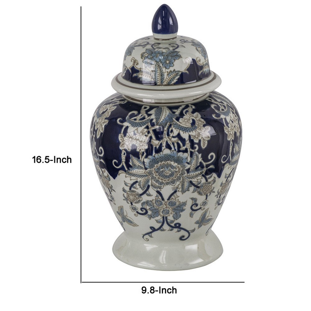 Rayn Ginger Jar with Lid | Blue White Chinoiserie Art | 17" Porcelain
