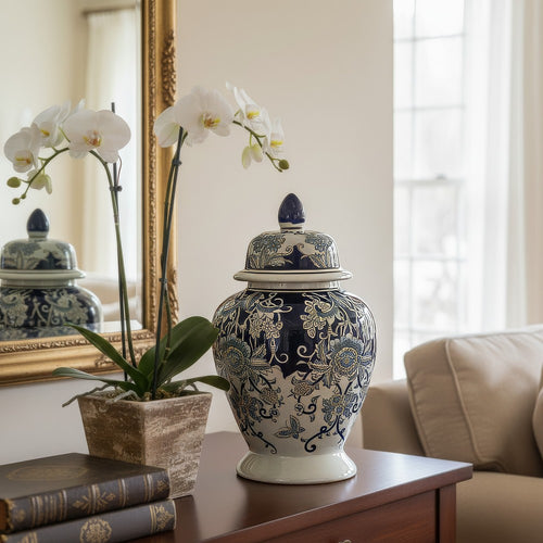 Rayn Ginger Jar with Lid | Blue White Chinoiserie Art | 17" Porcelain
