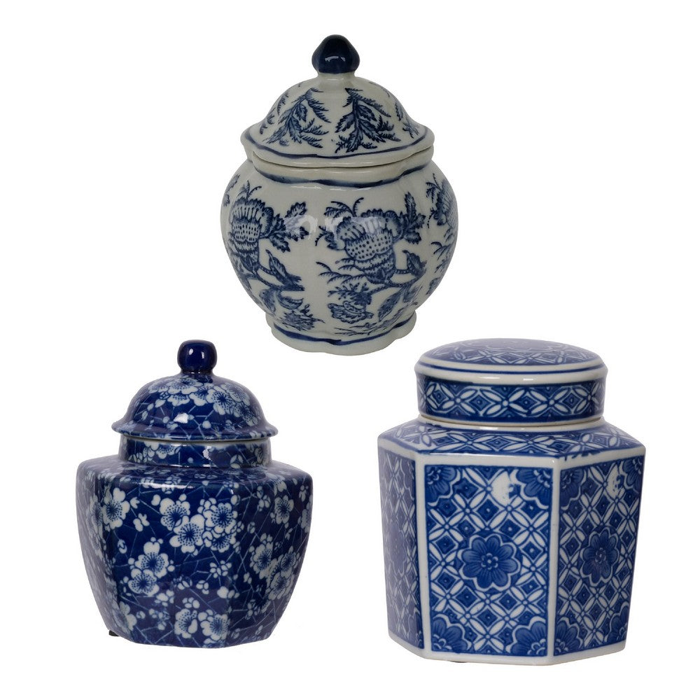Porcelain Decorative Jars with Lid Set of 3 | Blue White Chinoiserie |6"