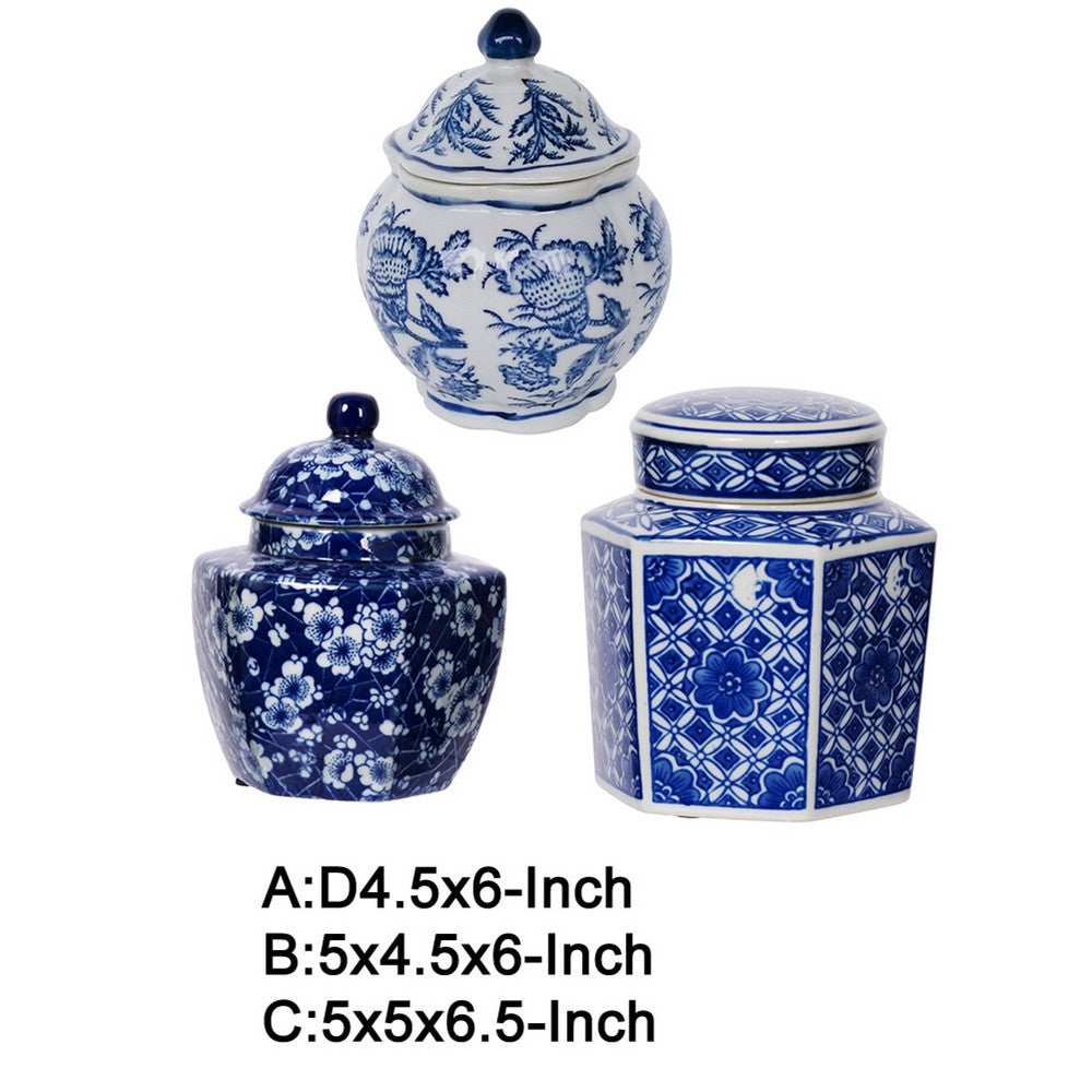 Porcelain Decorative Jars with Lid Set of 3 | Blue White Chinoiserie |6"
