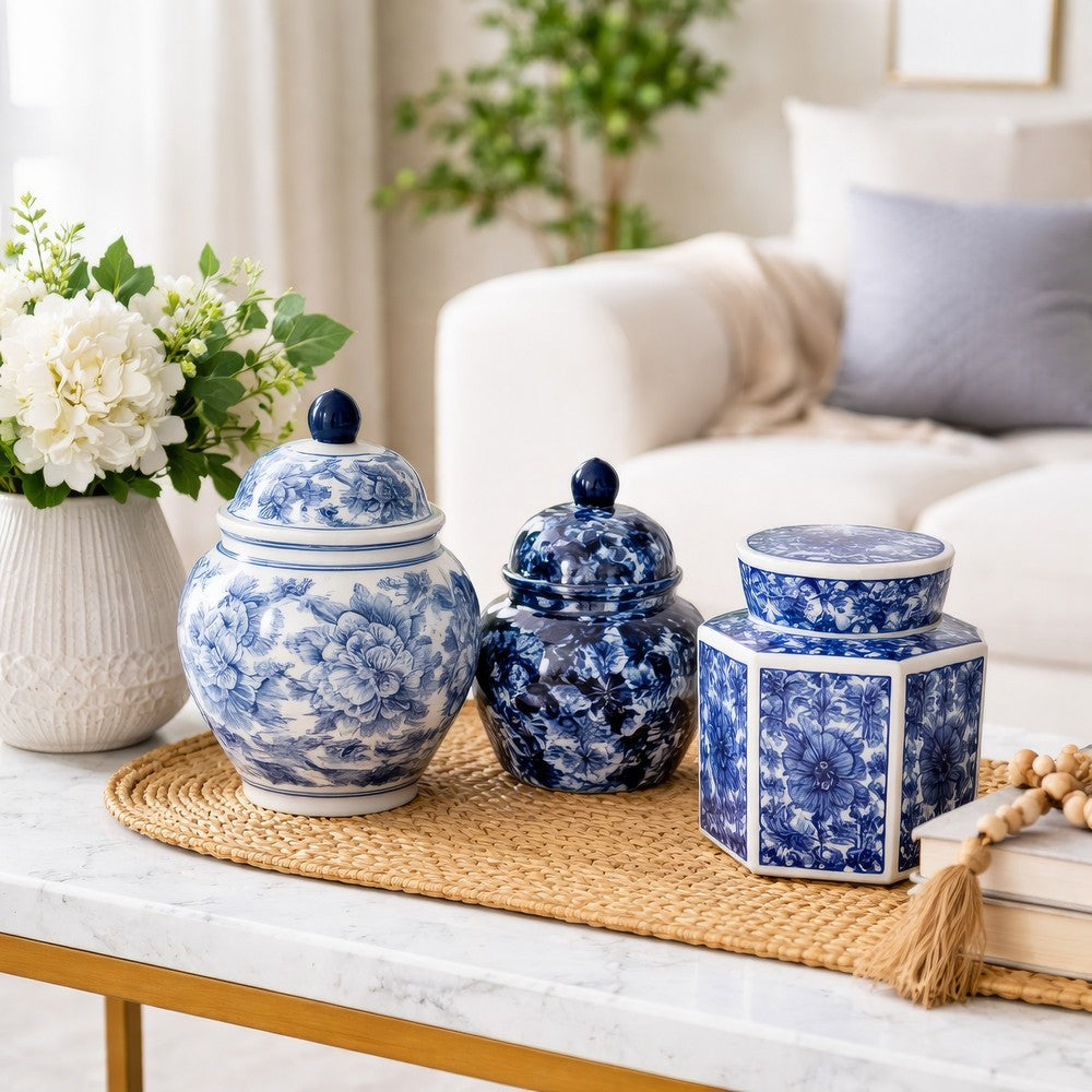 Porcelain Decorative Jars with Lid Set of 3 | Blue White Chinoiserie |6"