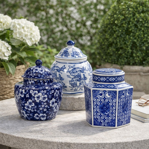 Porcelain Decorative Jars with Lid Set of 3 | Blue White Chinoiserie |6"
