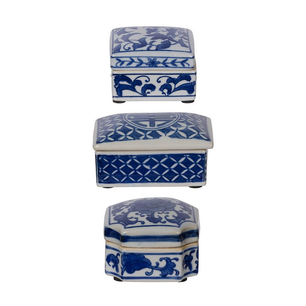 Porcelain Decorative Storage Boxes Set of 3 | Blue White Chinoiserie Art