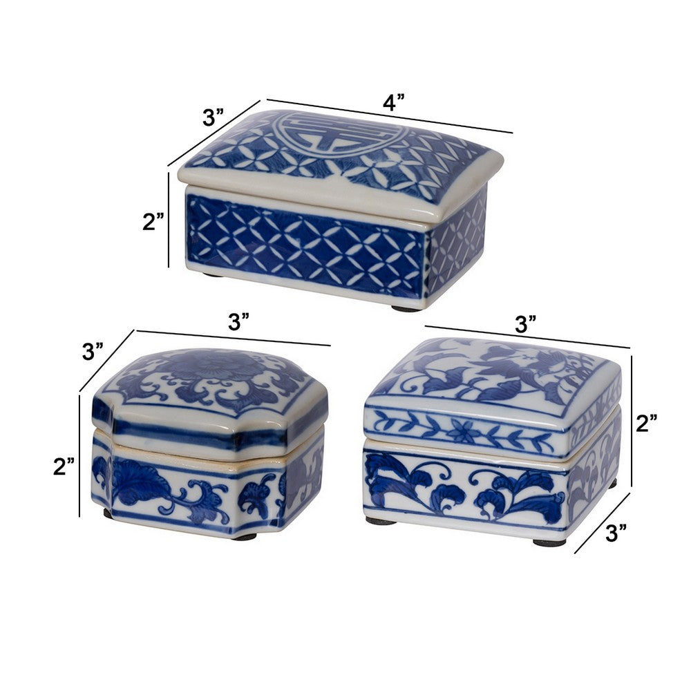 Porcelain Decorative Storage Boxes Set of 3 | Blue White Chinoiserie Art