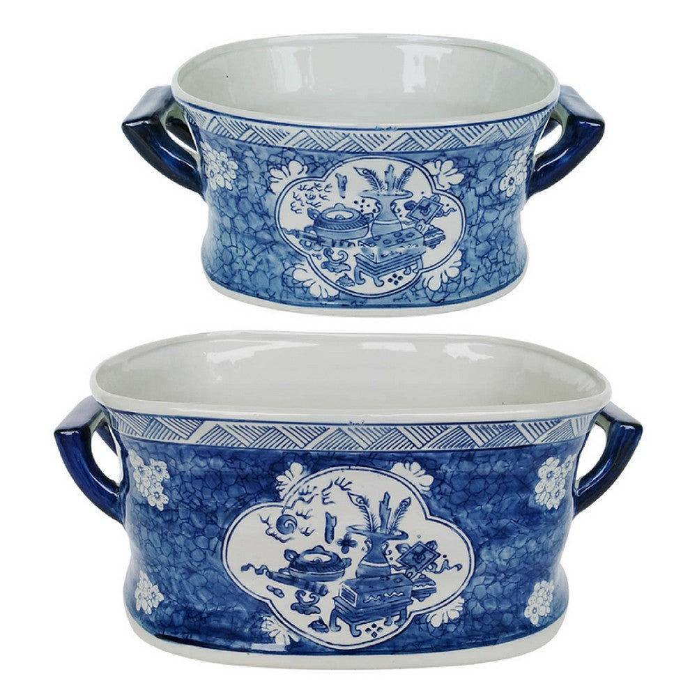 Porcelain Decorative Planter Pots Set of 2 | White Blue | 20, 14"
