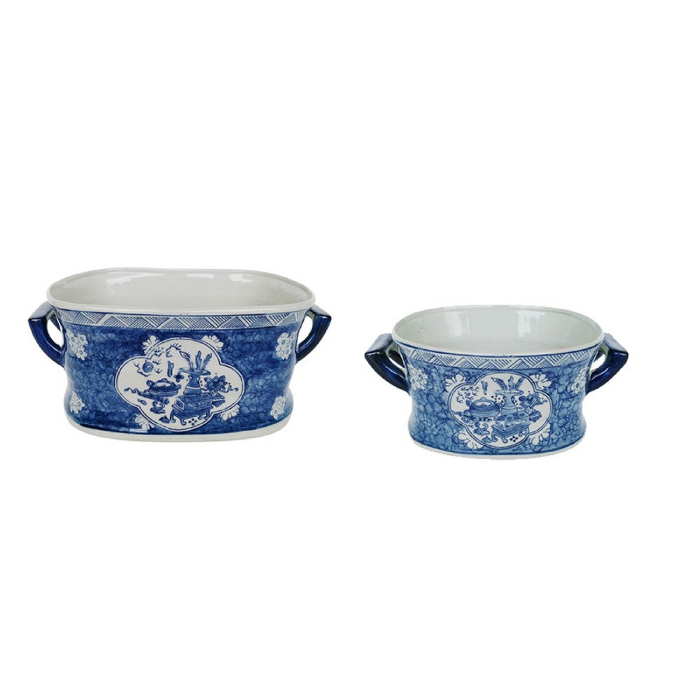 Porcelain Decorative Planter Pots Set of 2 | White Blue | 20, 14"