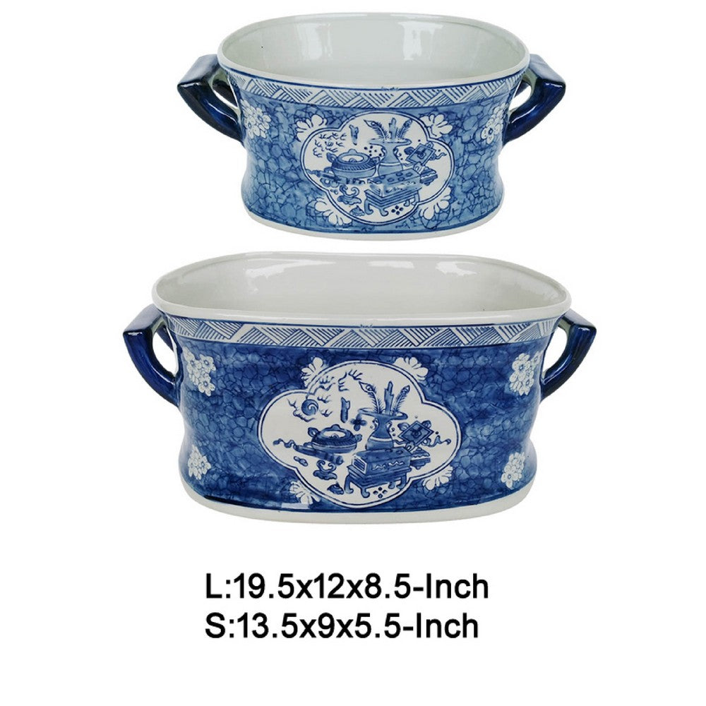 Porcelain Decorative Planter Pots Set of 2 | White Blue | 20, 14"