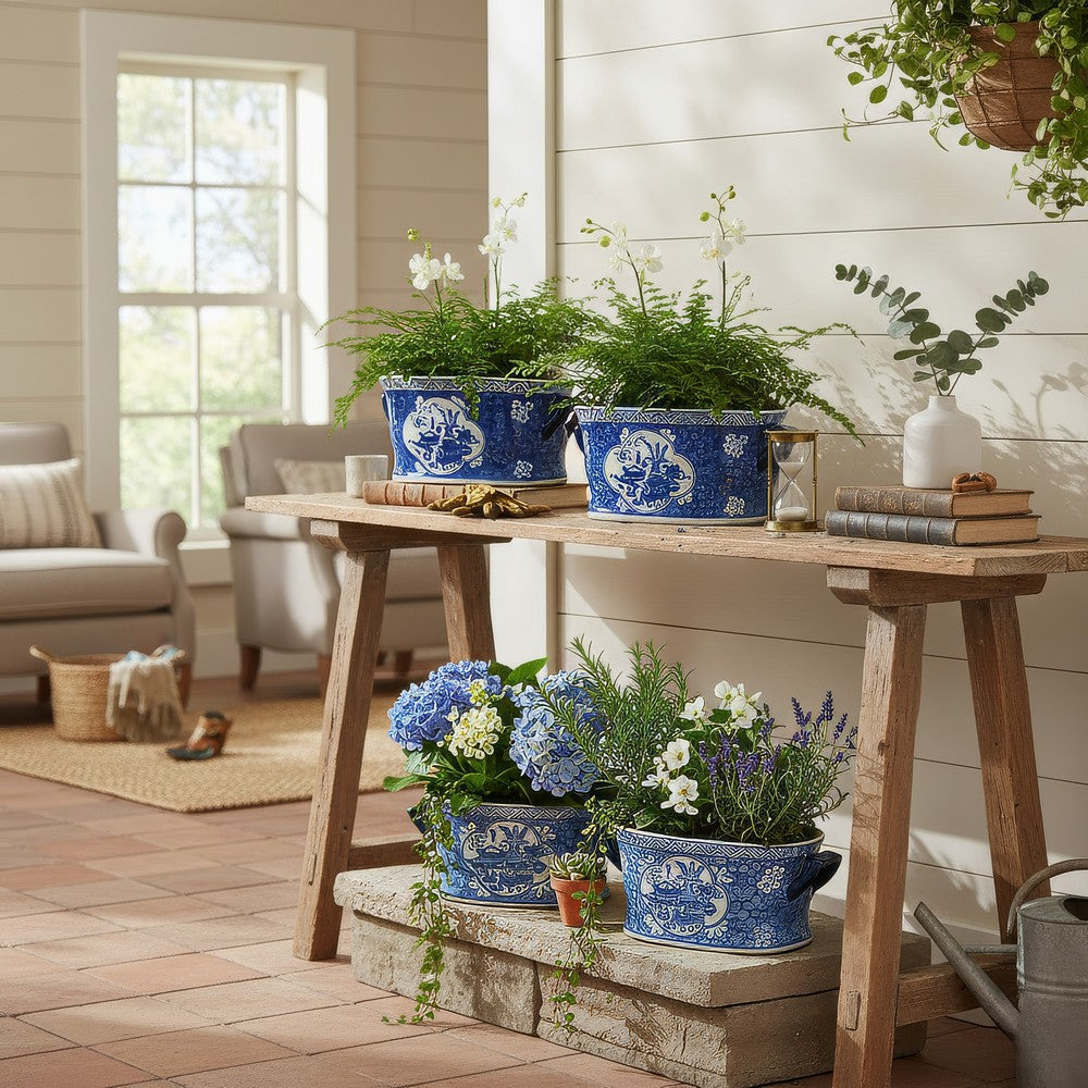 Porcelain Decorative Planter Pots Set of 2 | White Blue | 20, 14"