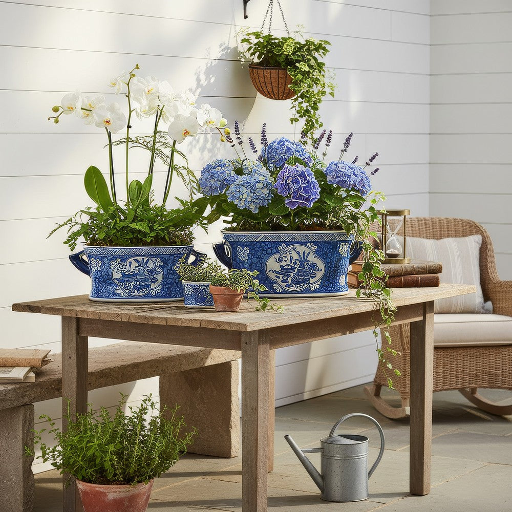 Porcelain Decorative Planter Pots Set of 2 | White Blue | 20, 14"