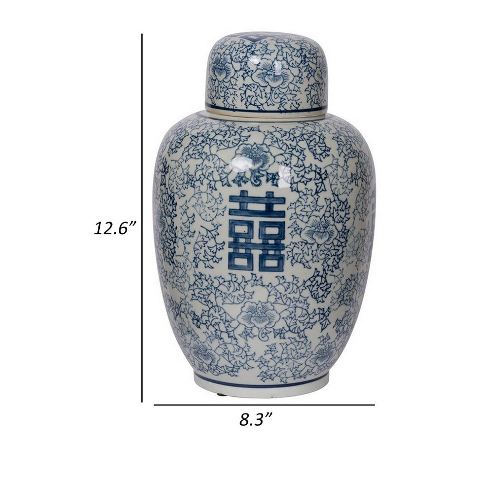 Decorative Ginger Jar with Lid | Blue & White Porcelain | 13"