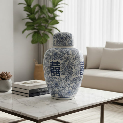 Decorative Ginger Jar with Lid | Blue & White Porcelain | 13"