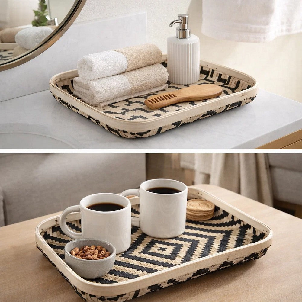 Mona Organic Wash Trays Set of 2 | White Black Bamboo Woven Patterns