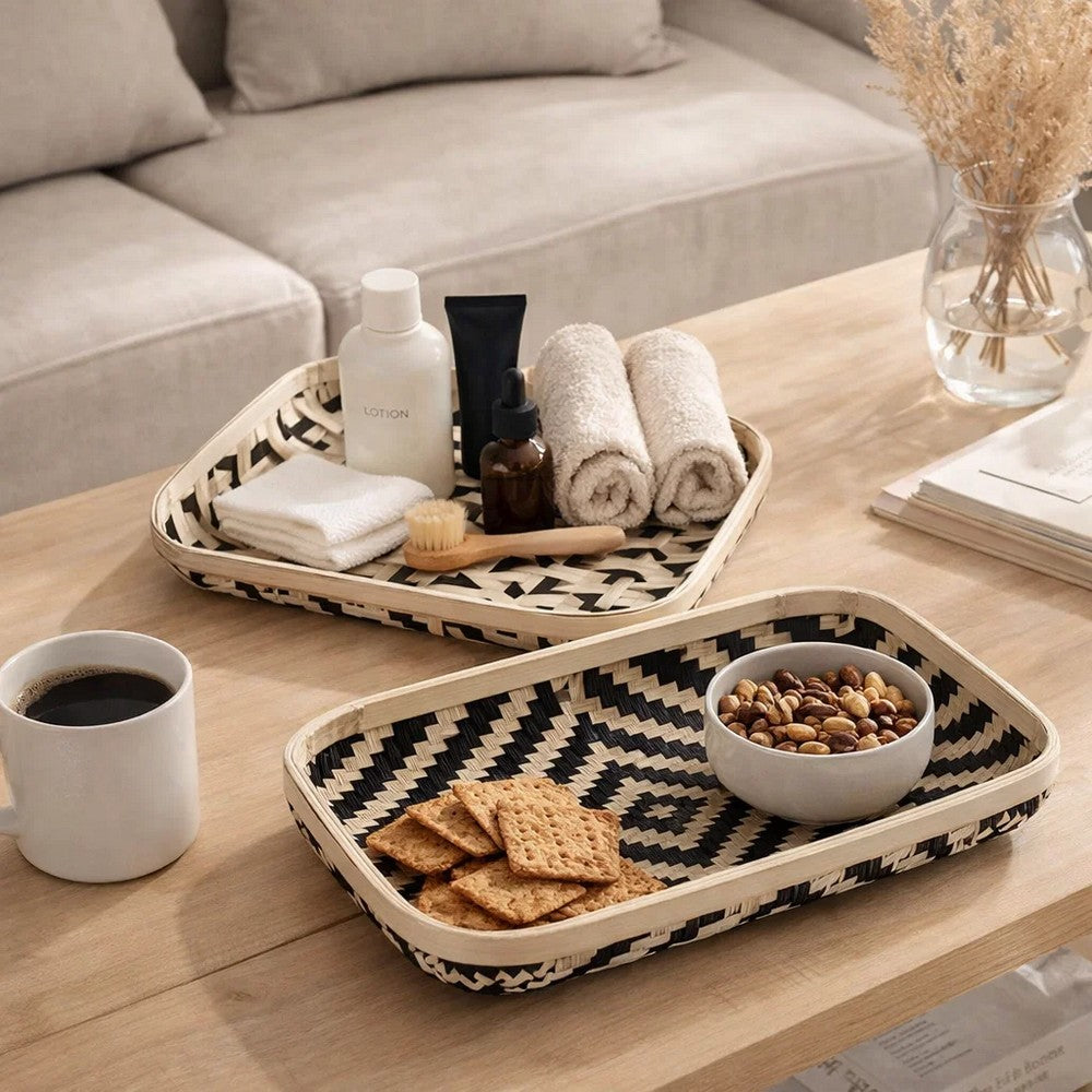 Mona Organic Wash Trays Set of 2 | White Black Bamboo Woven Patterns