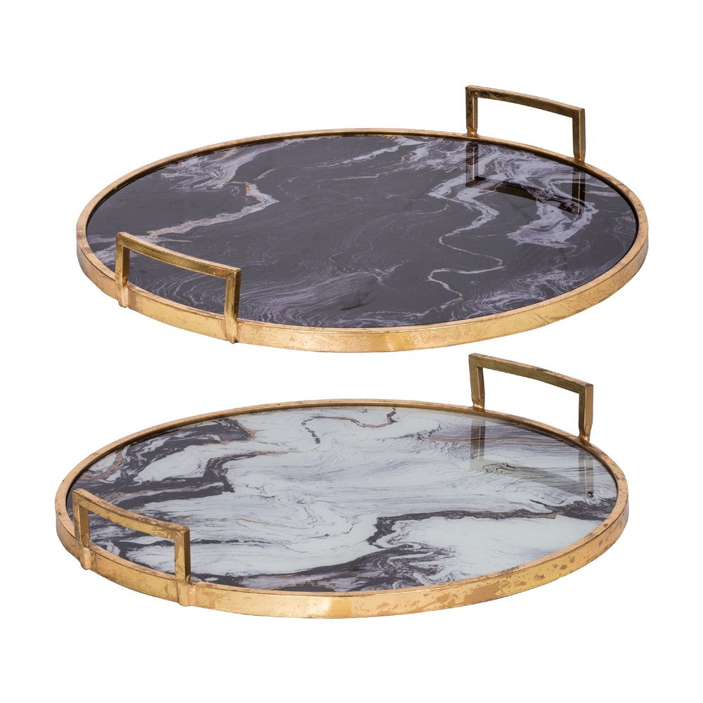 Set of 2 Decorative Trays w Handles | Black White Faux Marble Print | Gold