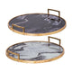 Set of 2 Decorative Trays w Handles | Black White Faux Marble Print | Gold
