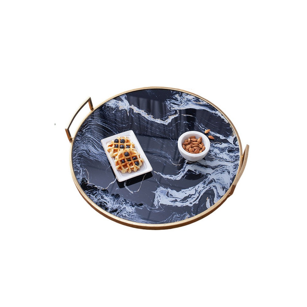 Set of 2 Decorative Trays w Handles | Black White Faux Marble Print | Gold
