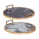 Set of 2 Decorative Trays w Handles | Black White Faux Marble Print | Gold