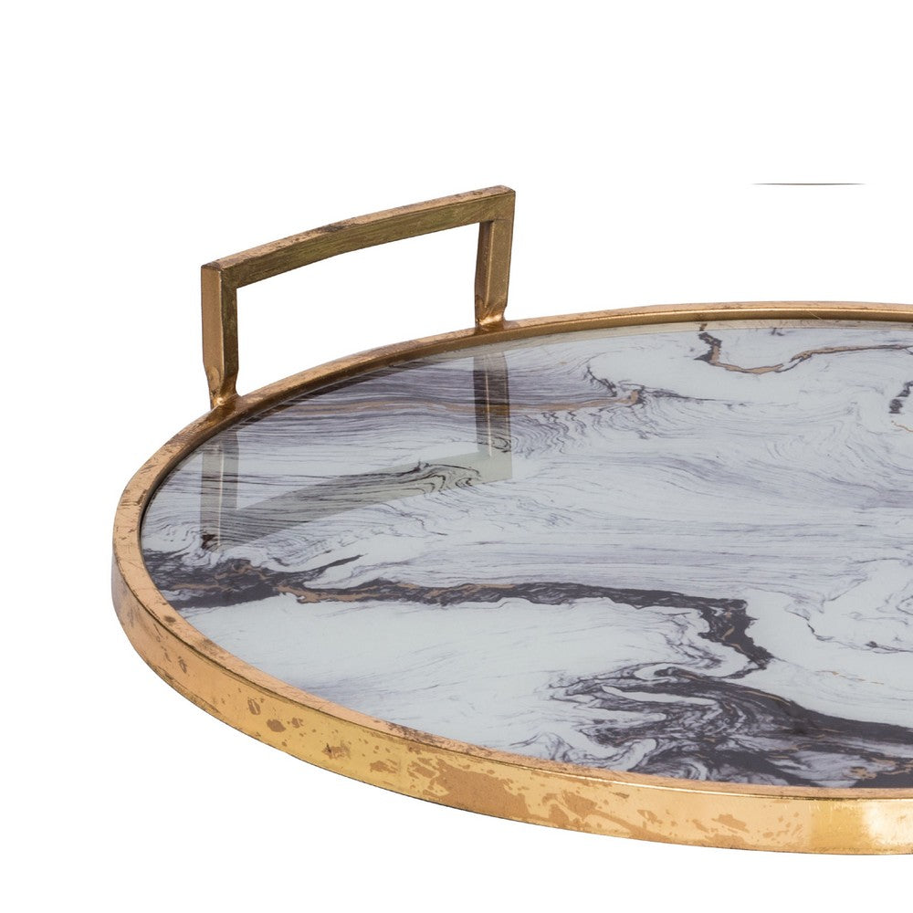 Set of 2 Decorative Trays w Handles | Black White Faux Marble Print | Gold