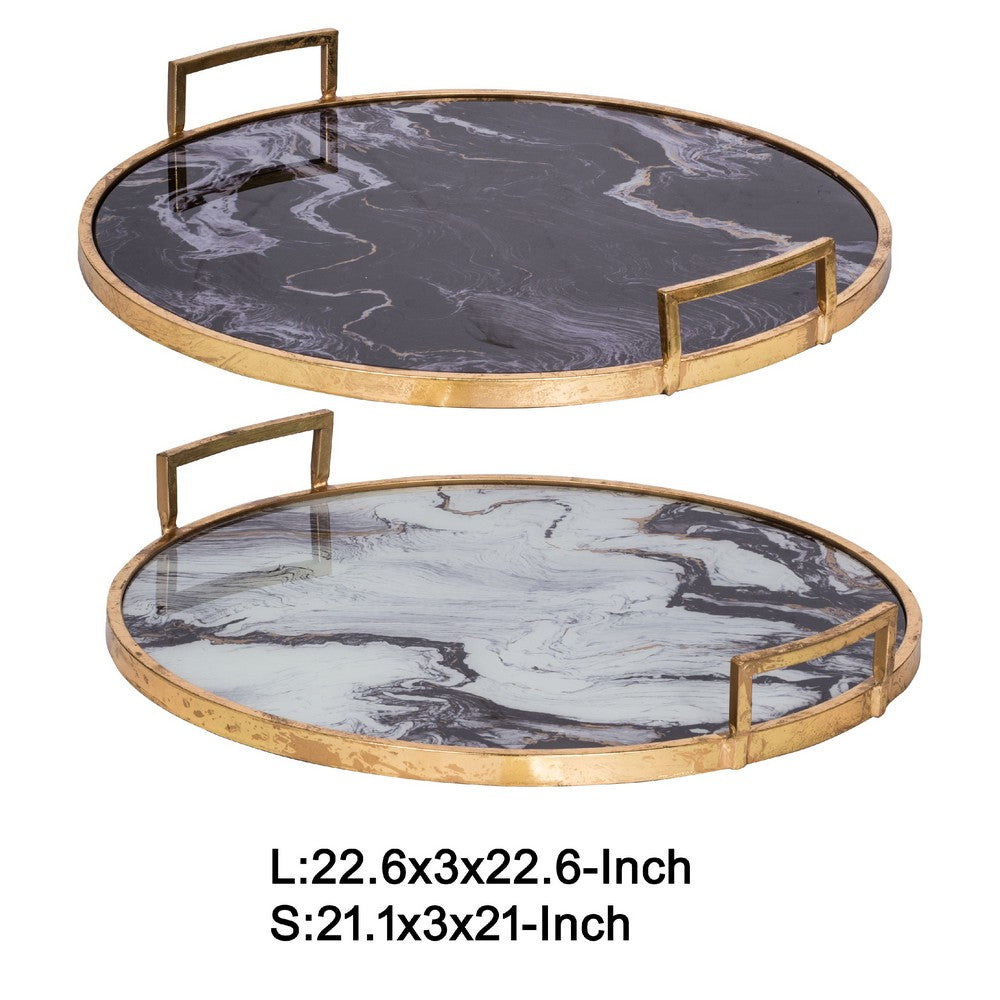Set of 2 Decorative Trays w Handles | Black White Faux Marble Print | Gold