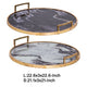 Set of 2 Decorative Trays w Handles | Black White Faux Marble Print | Gold