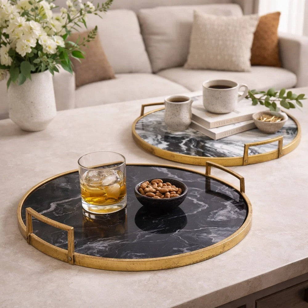 Set of 2 Decorative Trays w Handles | Black White Faux Marble Print | Gold