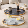 Set of 2 Decorative Trays w Handles | Black White Faux Marble Print | Gold