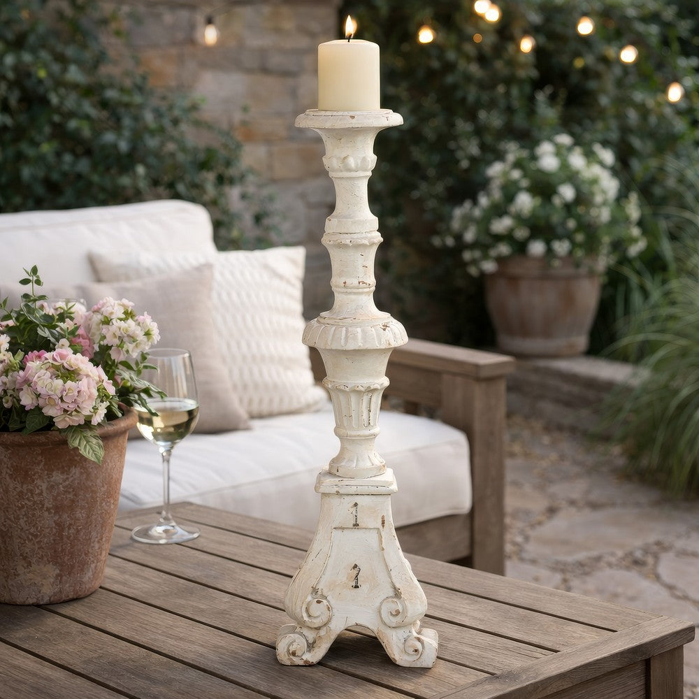 Jewa Vintage Pillar Candle Holder | 25" Distressed White Magnesia