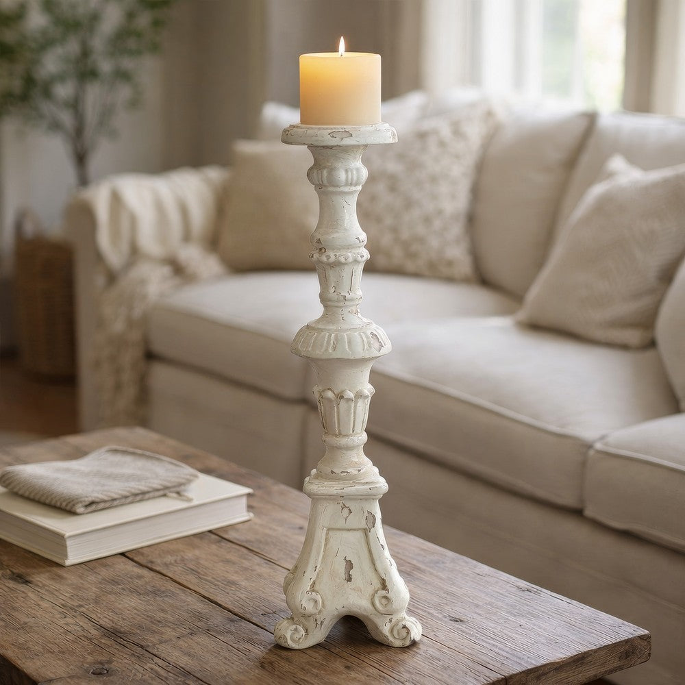Jewa Vintage Pillar Candle Holder | 25" Distressed White Magnesia